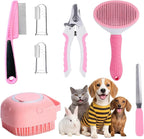 Pawdles 7 piece pet grooming and oral care kit in pink featuring slicker brush and nail tools
