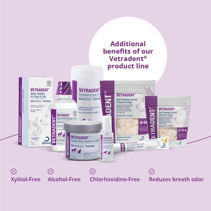 Vetradent veterinary oral health wipes canister highlights showing the VOHC seal of acceptance for dogs.