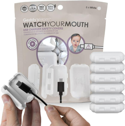 Geddy's Mom USB charger safety cover front view in white