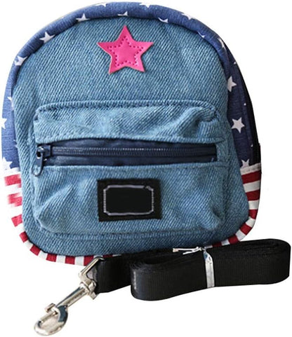 Stock Show pet cartoon backpack harness front view showing denim star design