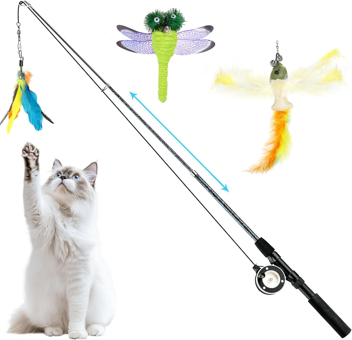 Pawaboo Cat Feather Toys, 4 Pack Interactive Cat feather Teaser Wand Toys, Retractable Fishing Pole Wand Catcher Exerciser with Refill Fish, Dragonfly Worm with Bells, Fun Cat Kitten Kitty Playing Toy - Image 11