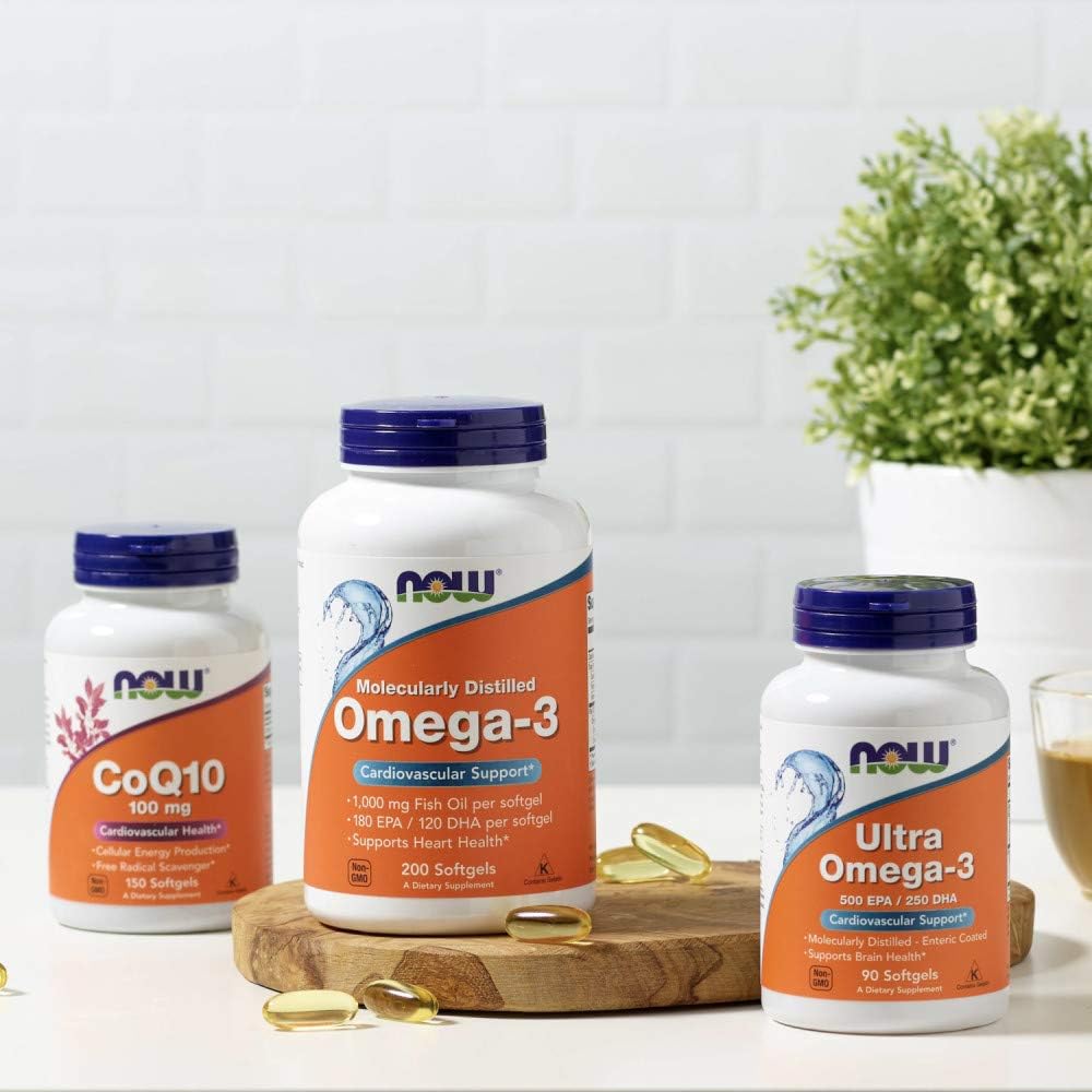 Close-up of the non-GMO and GMP quality standard logos on the NOW Foods Ultra Omega-3 bottle.