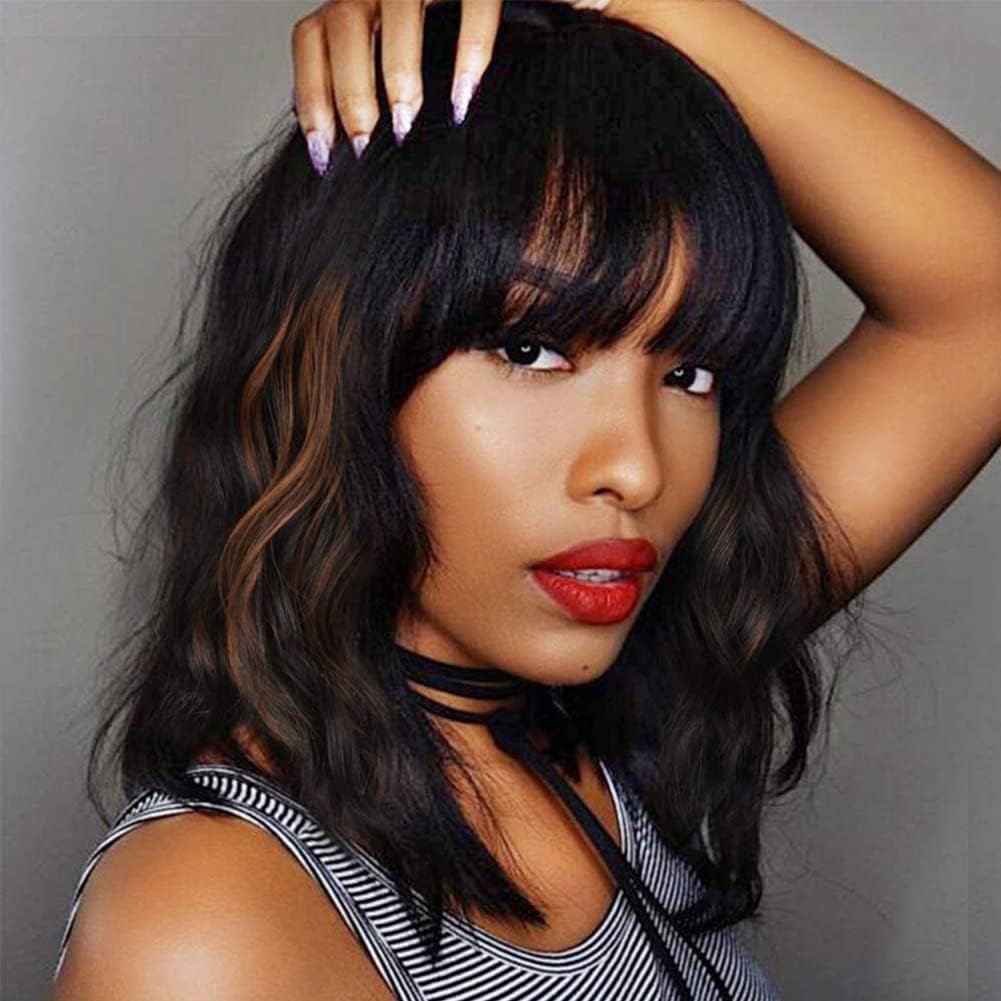 Ucubb black mixed brown short wavy bob wig front view showing full bangs and bouncy shoulder length curls
