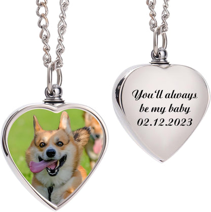 HJX custom dog urn necklace front view showing heart shape pendant with custom dog photo