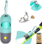Yuchiya dog poop bag holder front view with integrated LED flashlight illuminating path.