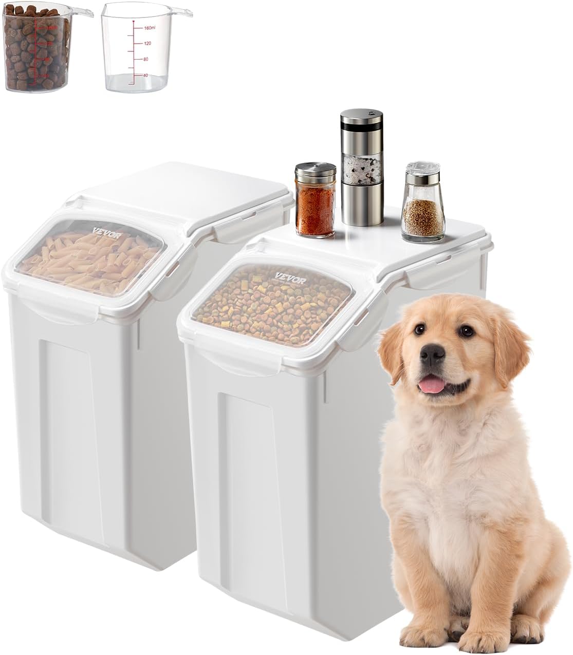 VEVOR Ingredient Storage Bin, 2 x 15L Dispenser Bin with 2 Measuring Cups, Attachable Casters and Airtight Lid, 2 Pcs/Set Dog Pet Food Storage Container, PP Material Kitchen Rice Cereal Flour Bin - Image 13