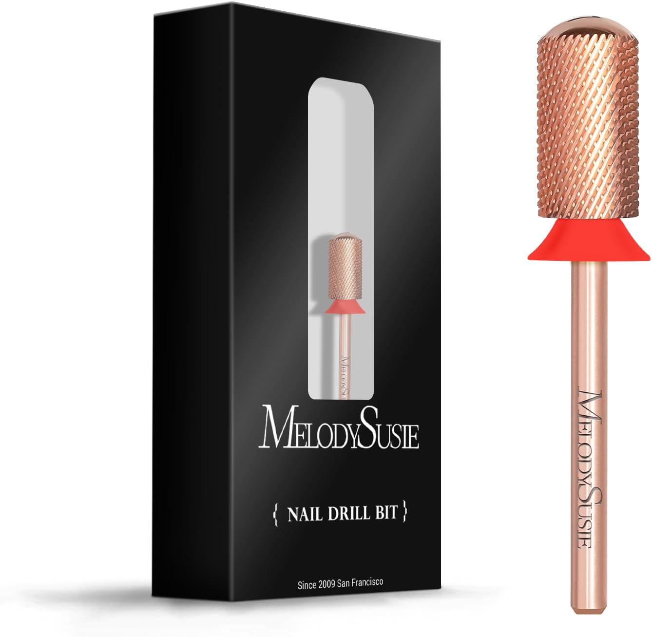 MelodySusie safety nail drill bit front view showcasing the premium rose gold finish and cross cut teeth pattern.