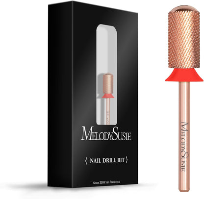 MelodySusie safety nail drill bit front view showcasing the premium rose gold finish and cross cut teeth pattern.