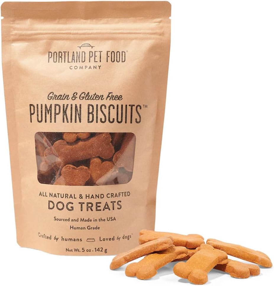Portland Pet Food Company Pumpkin Dog Treats front package view showcasing grain free biscuits.