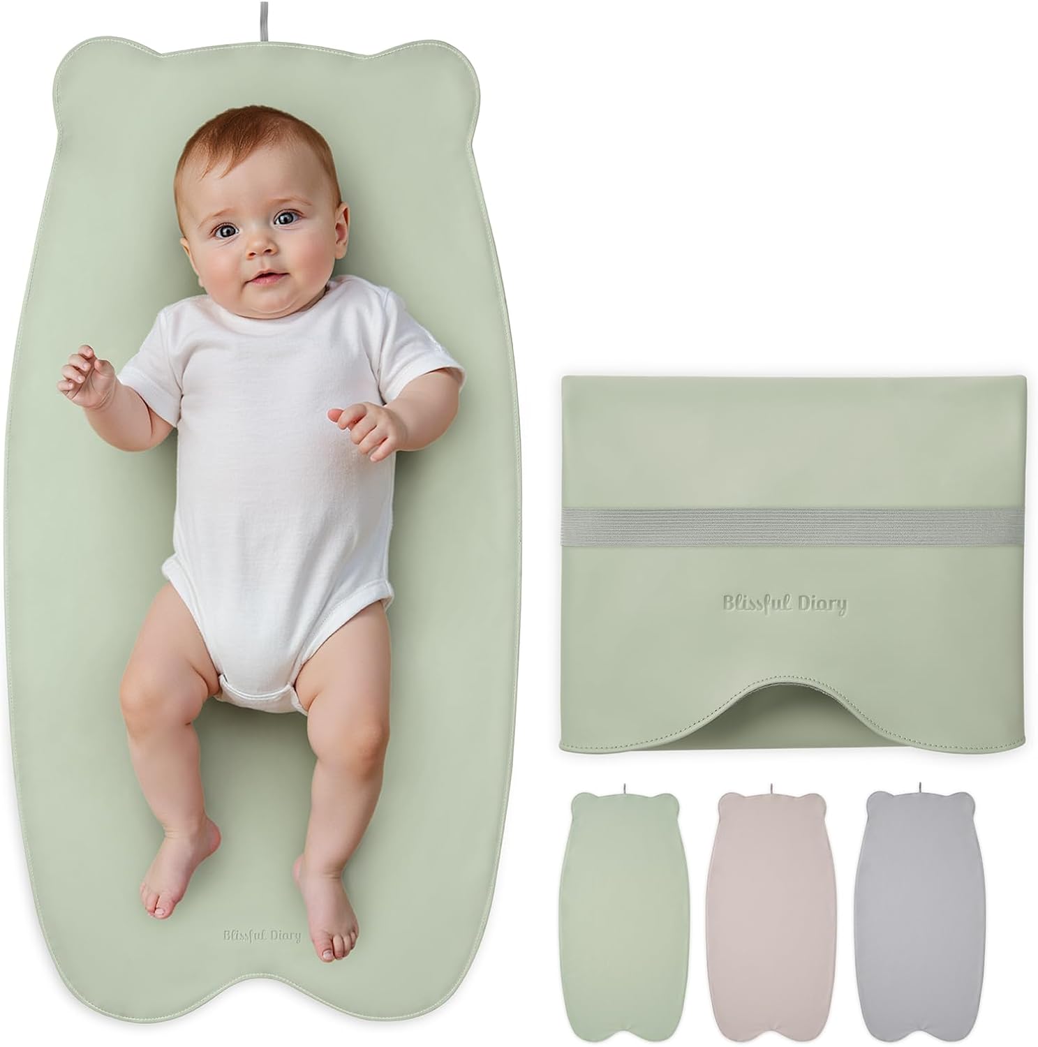 Blissful Diary vegan leather portable changing pad front view light green travel mat.