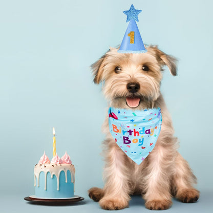 Soft triangle pet bandana with birthday boy print alongside the customized age hat