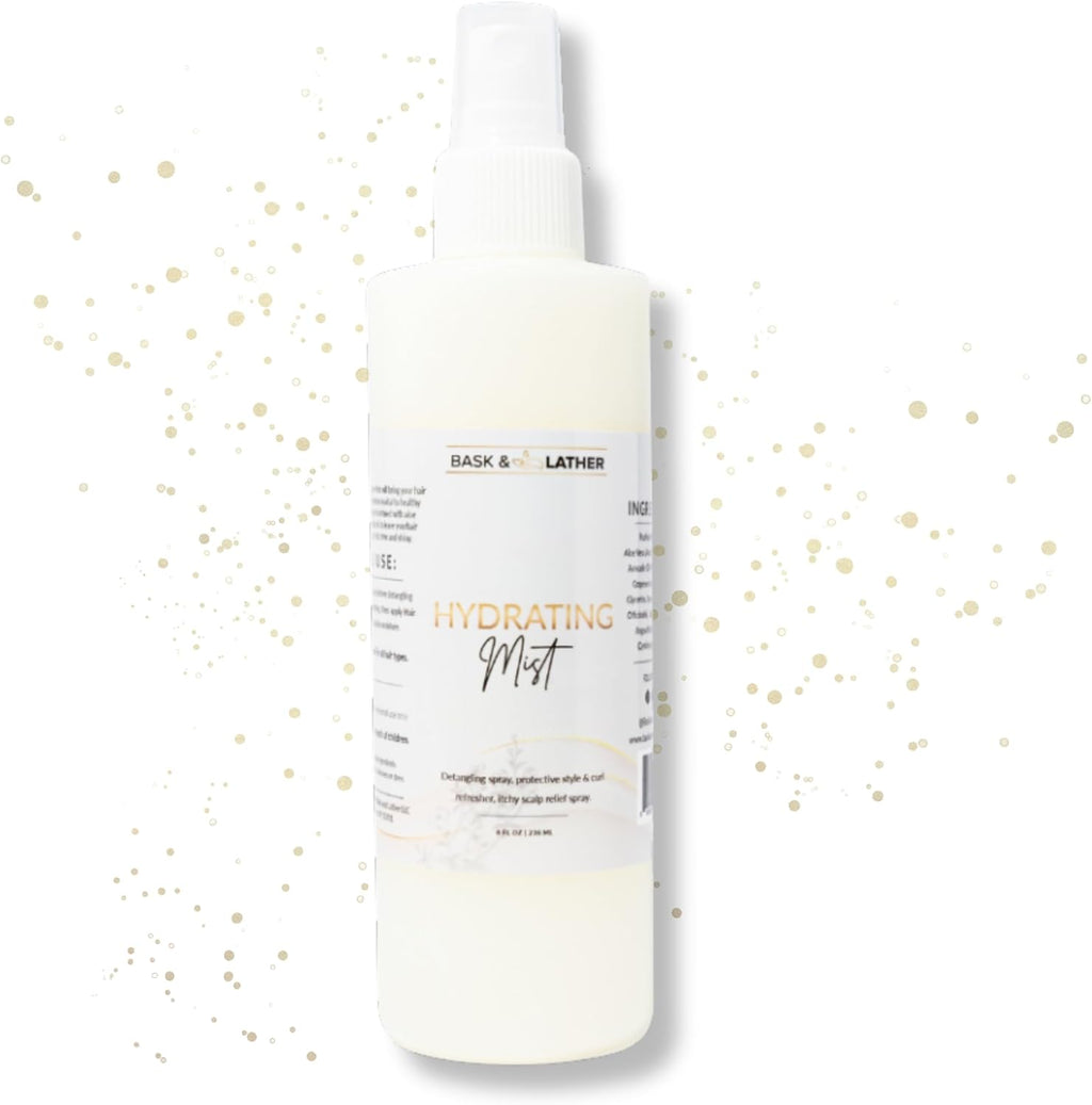 Bask & Lather Hydrating Hair Mist 8 Ounce front view bottle showcasing the leave-in conditioner branding