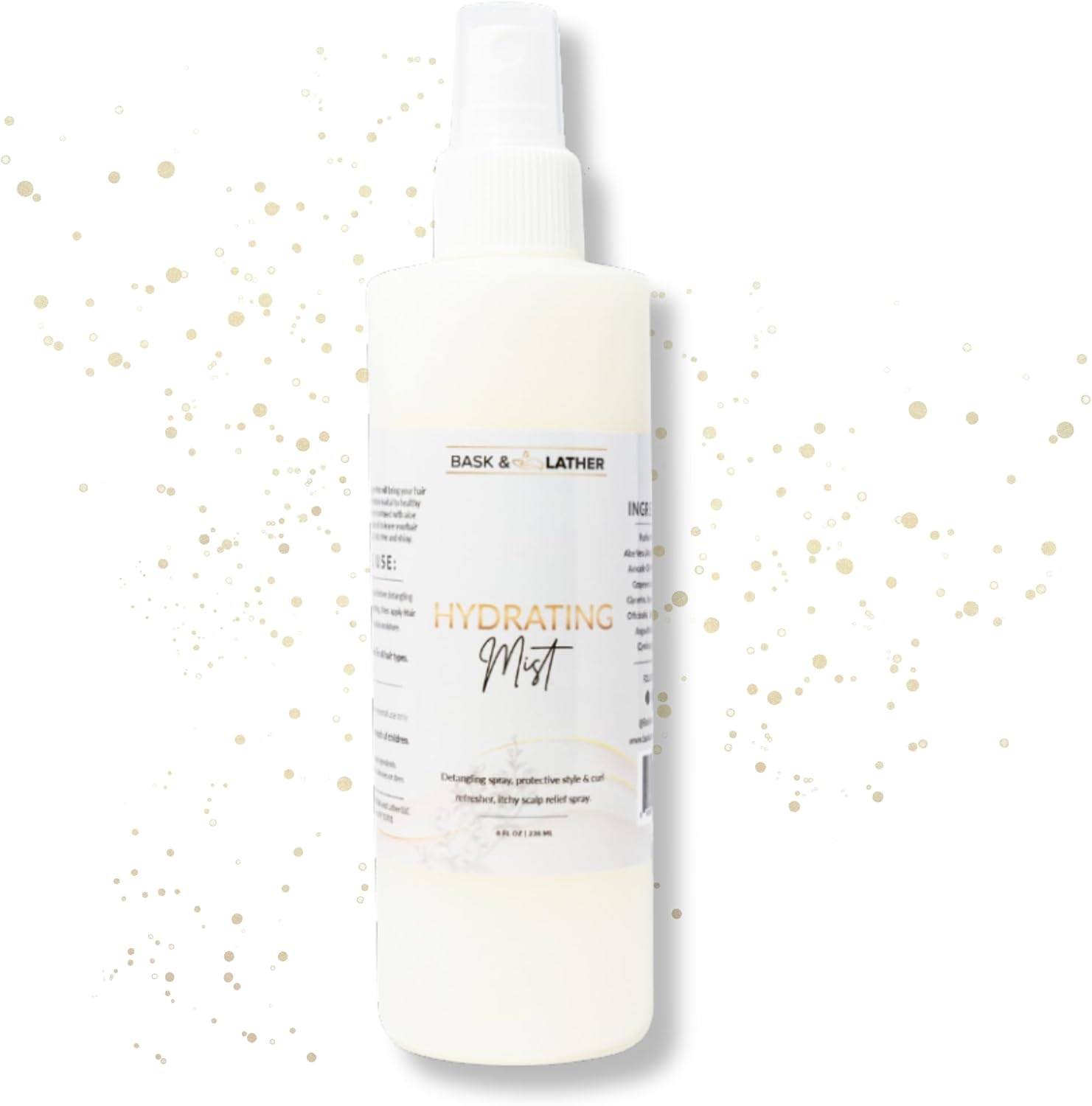 Bask & Lather Hydrating Hair Mist 8 Ounce front view bottle showcasing the leave-in conditioner branding