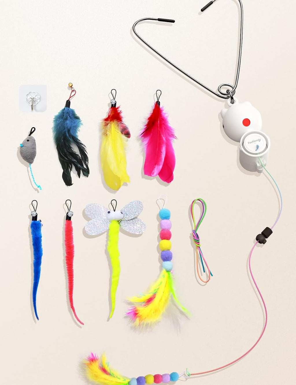 FEELNEEDY indoor cat fitness toy unboxed presentation with all included extension cables and user manual.