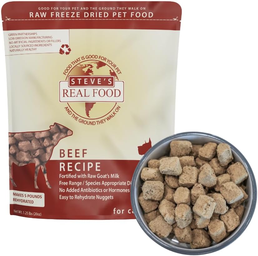 Steve's Real Food Freeze-Dried Raw Dog Food Nuggets Beef Recipe 20 Ounce front packaging
