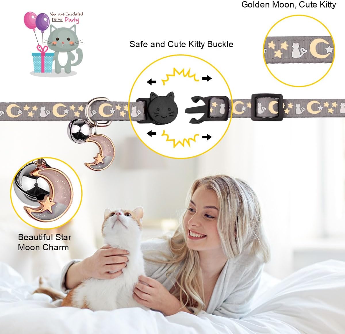 Baeuppit celestial moon and star pattern cat collar glowing in darkness