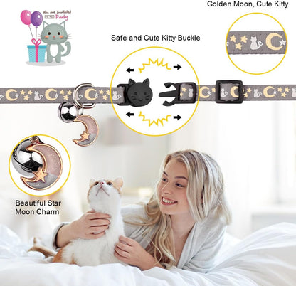 Baeuppit celestial moon and star pattern cat collar glowing in darkness
