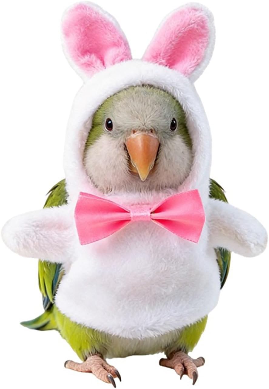BAMY bird bunny costume front view showcasing the plush pink rabbit ears and matching bowtie.