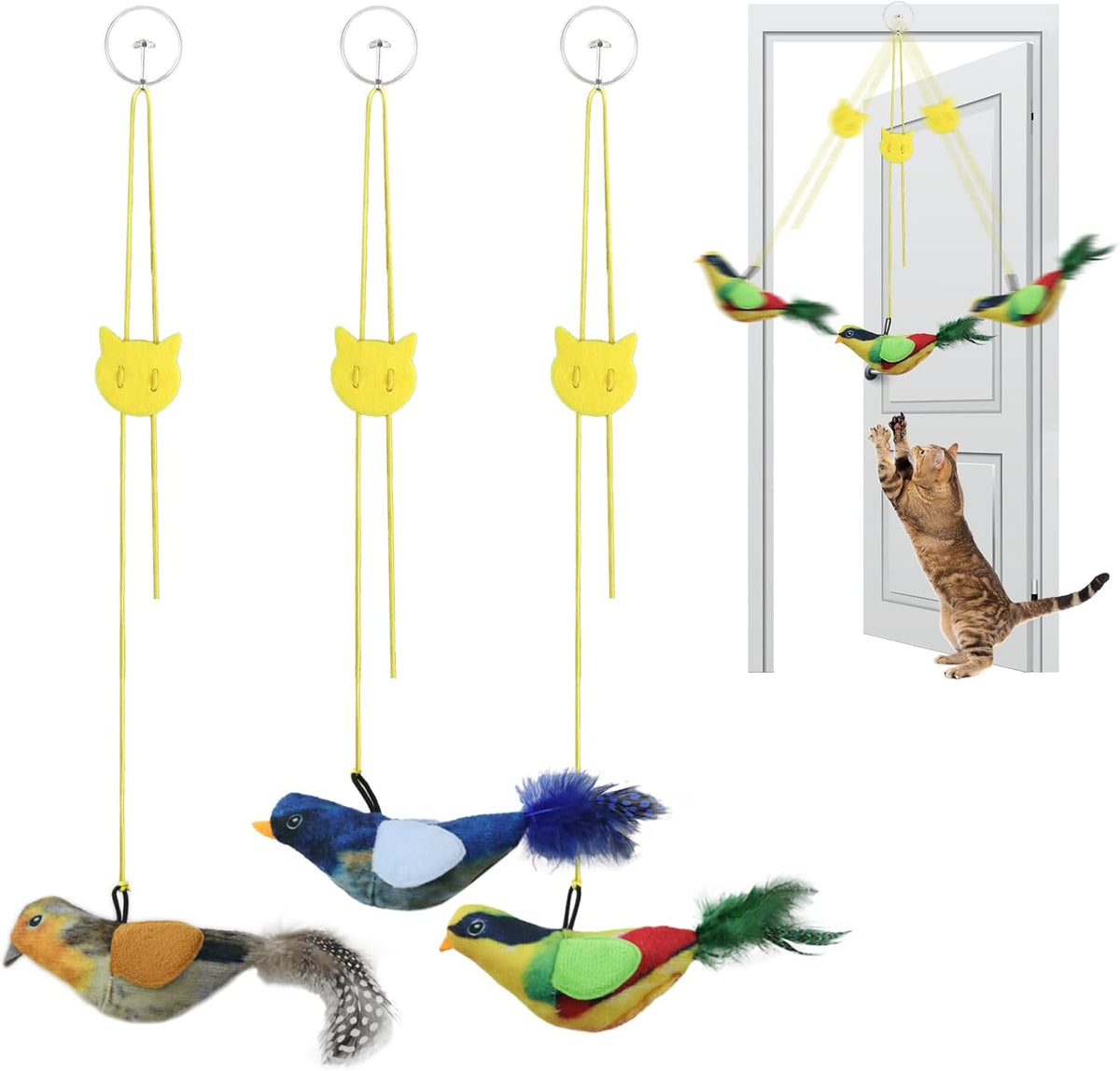 Tocirelo interactive cat toy bird front view showing three colorful plush birds with feathers