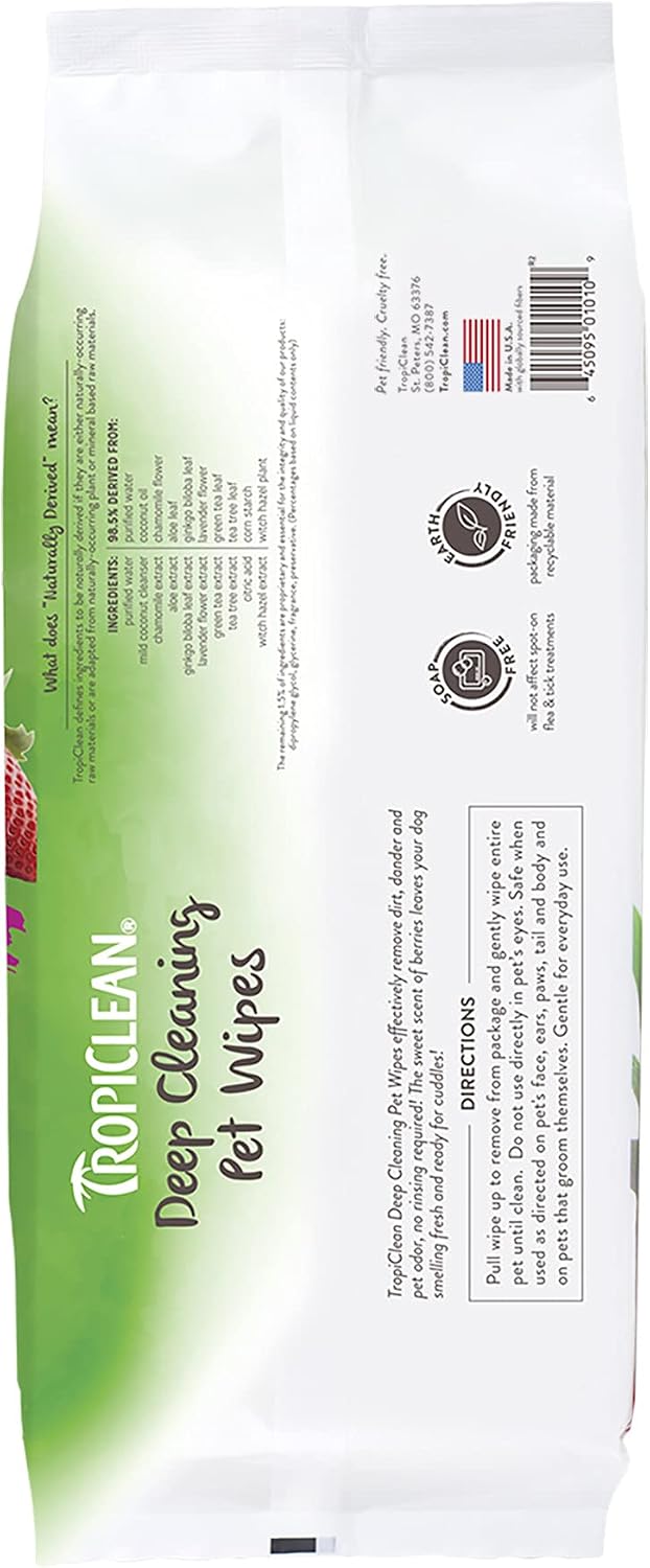 TropiClean Deep Cleaning Pet Wipes, 100ct - Wipes for Dogs & Cats - Gently Removes Dirt, Dander & Smells - for Pet Paws, Face, Body & Bottom - Sweet Berry & Coconut Scent - Image 9