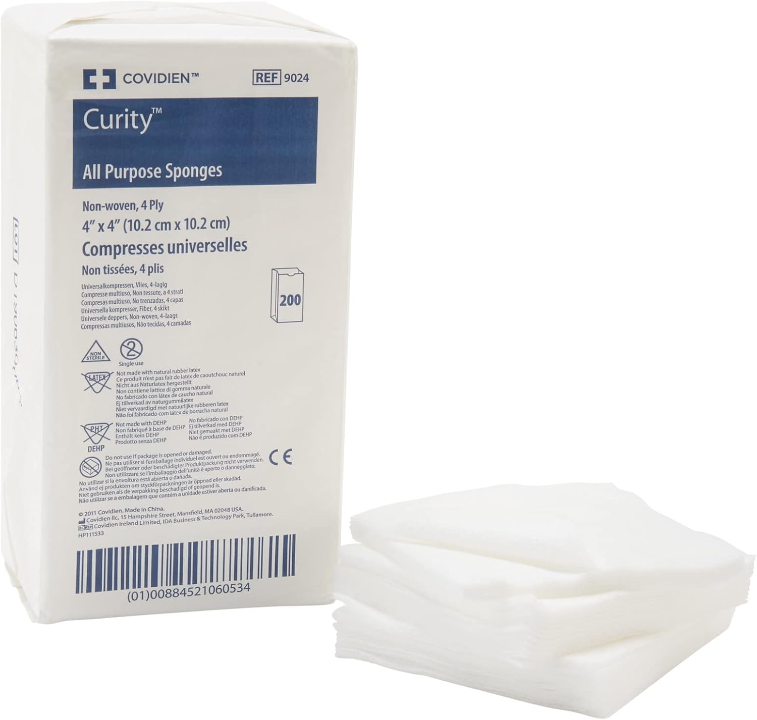 Covidien Curity non-woven all-purpose sponge pack of 200 front view for medical and skincare preparation.