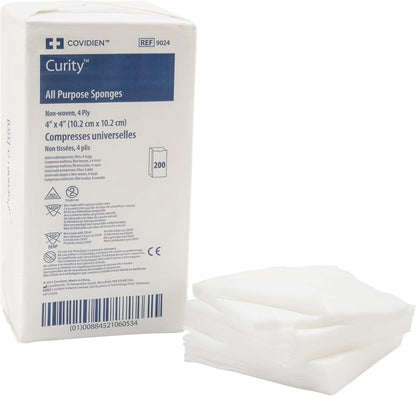 Covidien Curity non-woven all-purpose sponge pack of 200 front view for medical and skincare preparation.