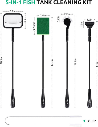 SEAOURA aquarium cleaning kit nylon clean brush scrubbing decorations and ornaments inside a small aquarium.