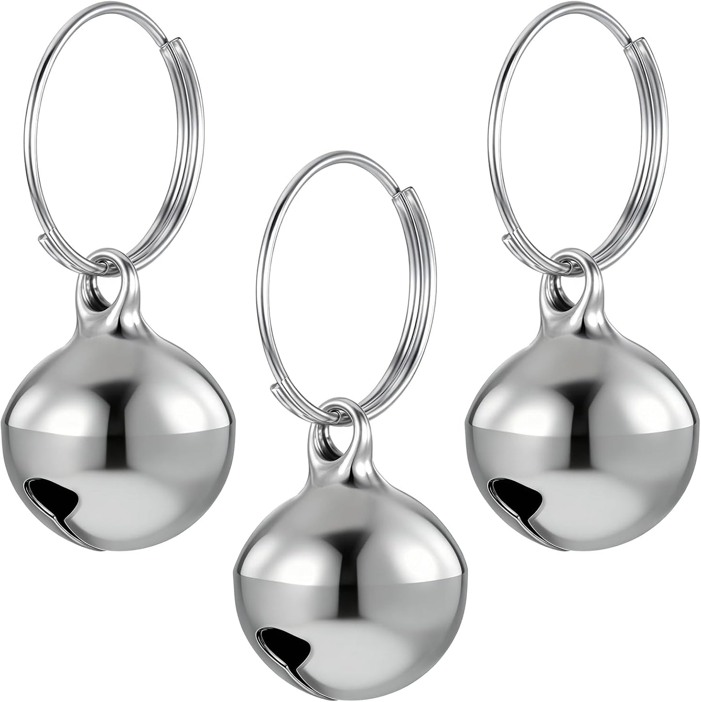 Skrfren silver dog collar bell three pack front view on pet accessory collar