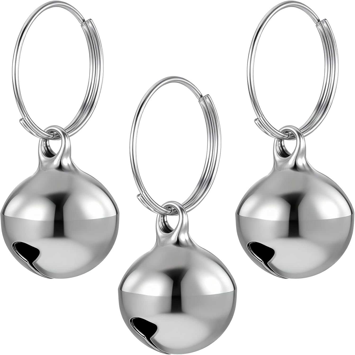 Skrfren silver dog collar bell three pack front view on pet accessory collar