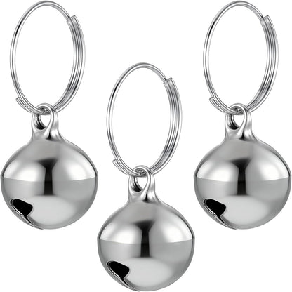 Skrfren silver dog collar bell three pack front view on pet accessory collar