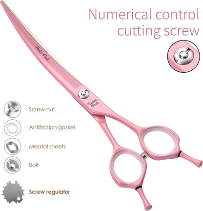 Fenice Peak curved dog scissors being held for styling a pet face