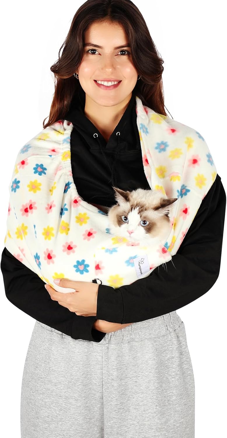 Hands-Free Cat Sling Carrier, Ultra-Soft Polar Fleece Pet Sling for Small Dogs & Cats 3-14 lbs, Machine Washable for Indoor Snuggling & Outdoor Use (Medium, Daisy) - Image 1