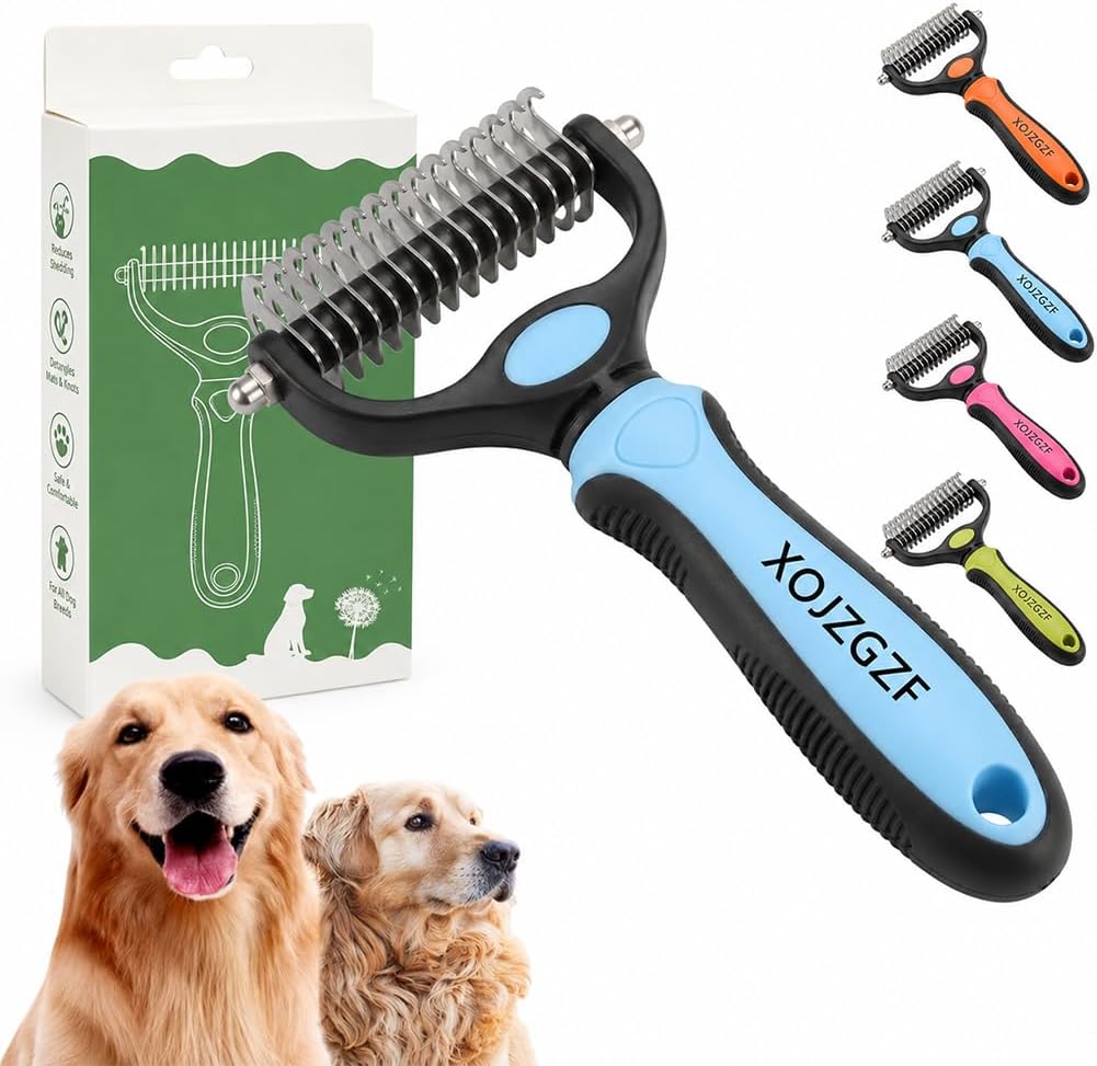 Congzikji Pet Pro Dual Tooth Grooming Tool front view showing blue and black handle.