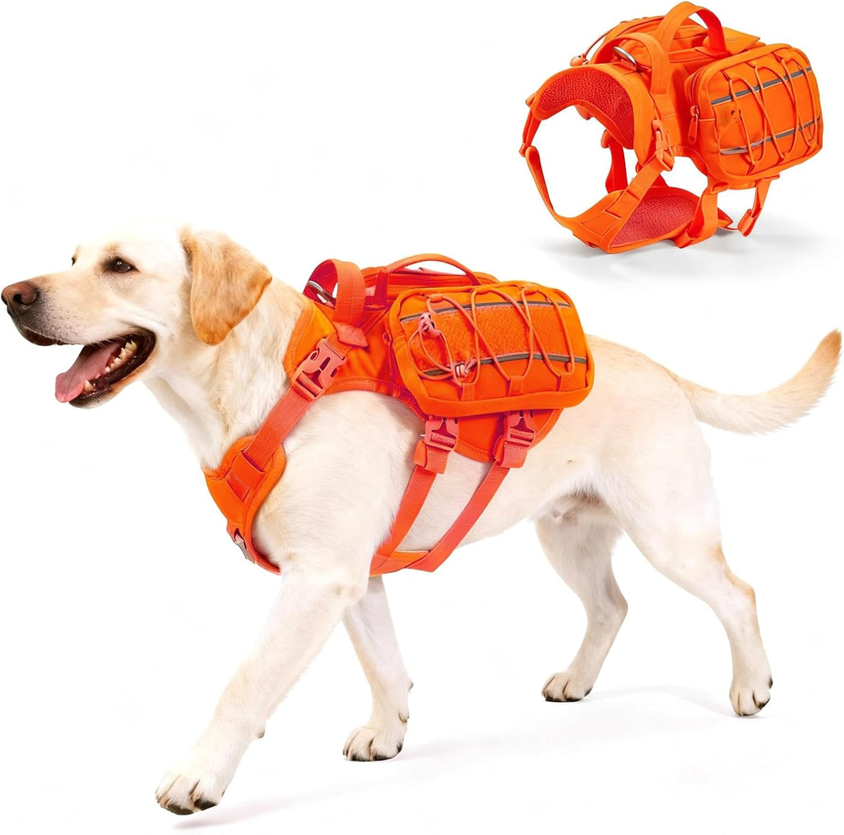 AOKOWN large dog harness backpack in vibrant orange front view showing the adjustable chest straps.
