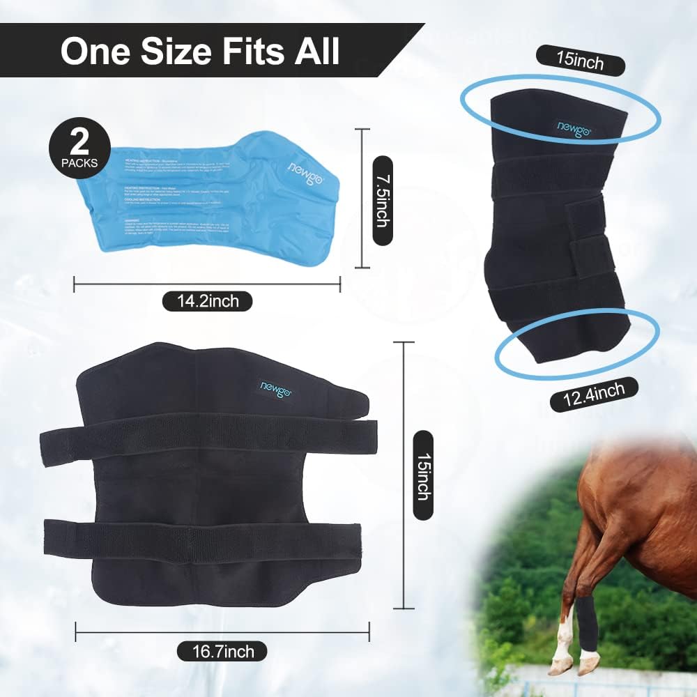 Authentic NEWGO imported horse leg ice pack components including neoprene wrap