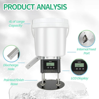 Briidea outdoor fish feeder showing the battery compartment with low power alert feature
