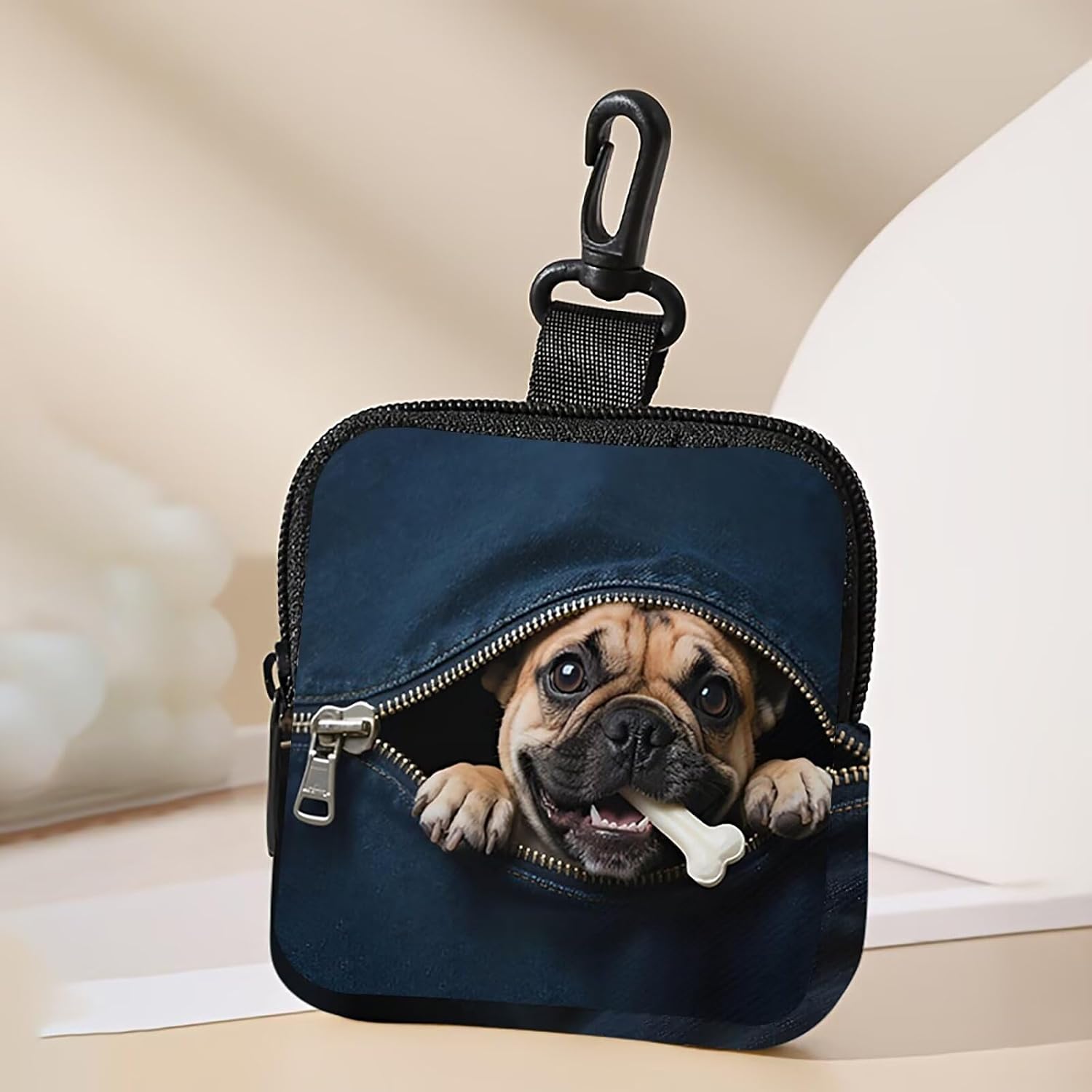 Side profile of floral cat pouch showing zipper closure