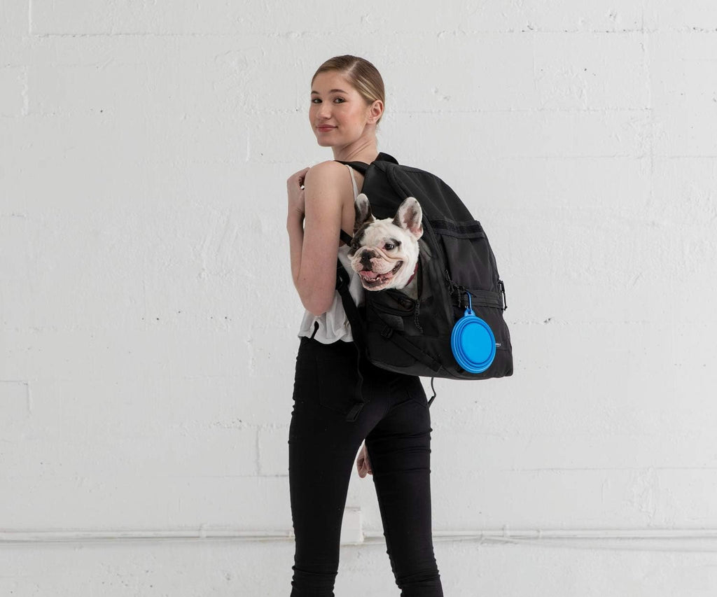 Timbuk2 heavy duty small dog backpack open compartment revealing the wipeable nylon interior liner