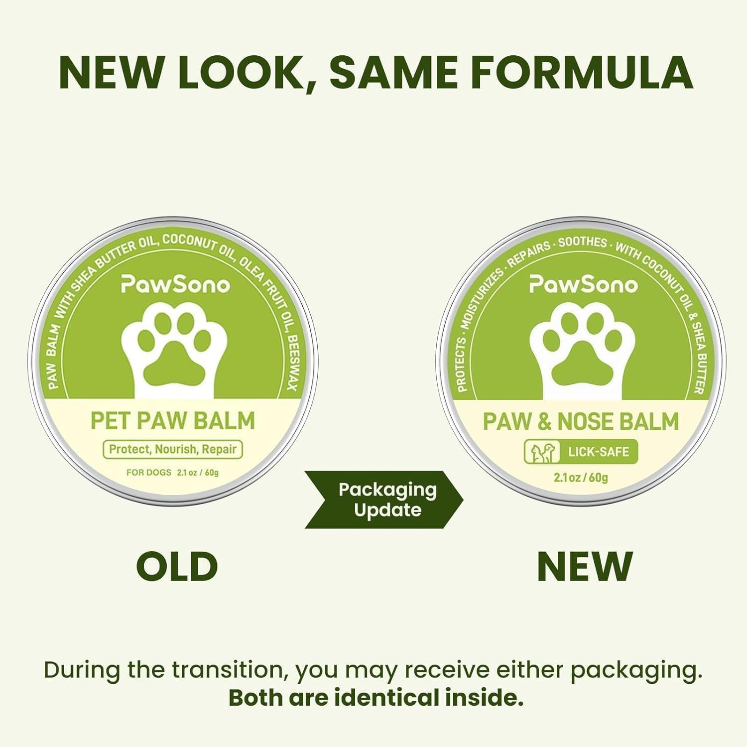 PawSono pet skin care balm packaging showcasing size details