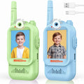LEENK kids video walkie talkies two pack front view displaying blue and green handheld screens