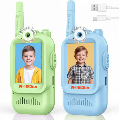 LEENK kids video walkie talkies two pack front view displaying blue and green handheld screens