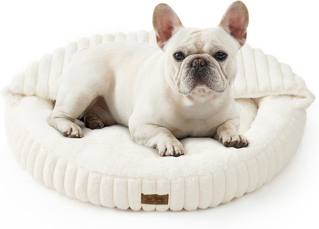COZY KISS Hooded Blanket Cat Bed - 20"x20" Round Fluffy Donut Cuddler for Cats & Toy Dogs, Anti-Anxiety Faux Fur Pet Bed, Machine Washable with Non-Slip Bottom, Cream - Image 13
