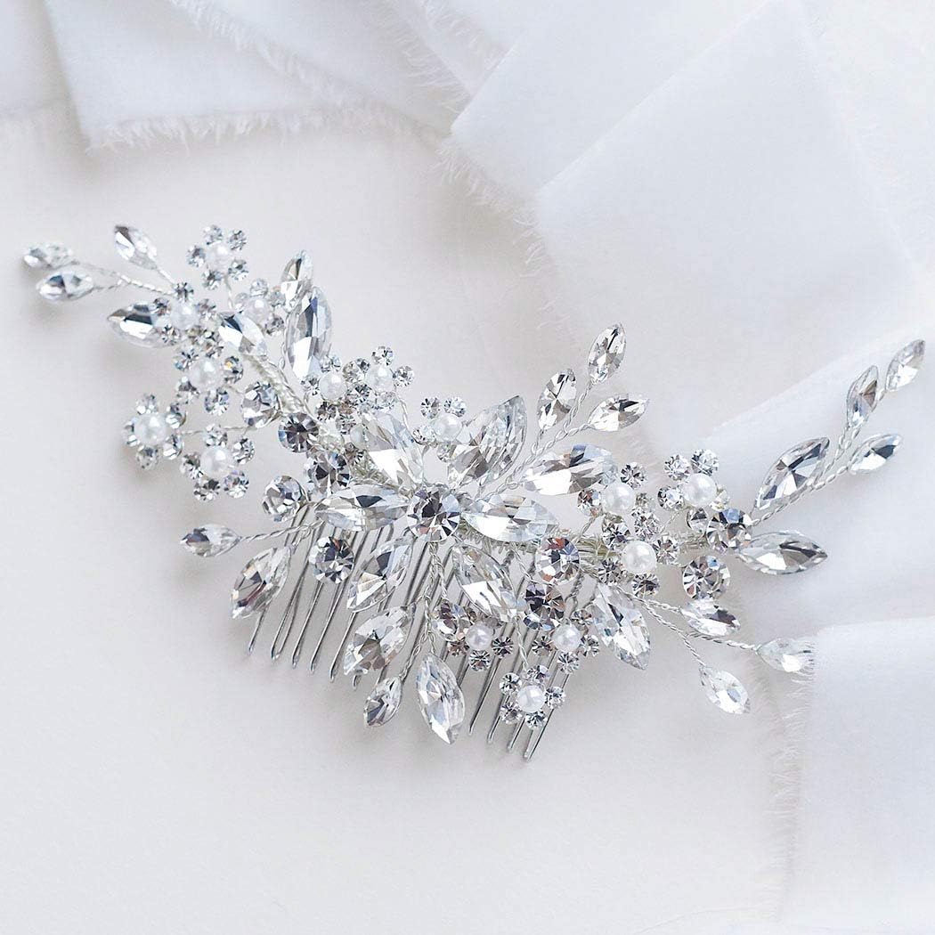 Catery flower crystal bridal hair comb front view