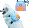 Xinfengge dog backpack harness in blue showing front view with pet pocket on a dog.