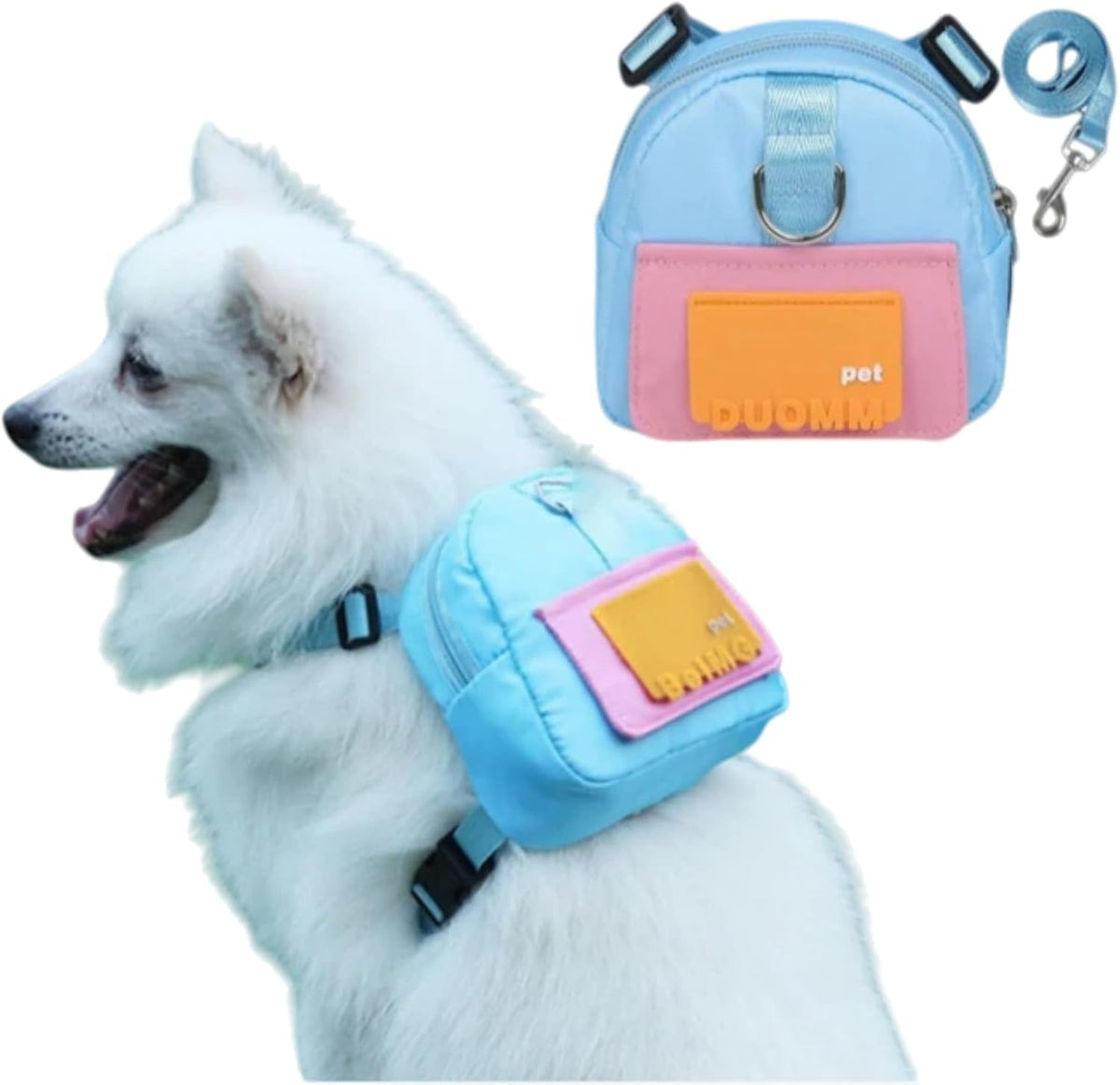 Xinfengge dog backpack harness in blue showing front view with pet pocket on a dog.
