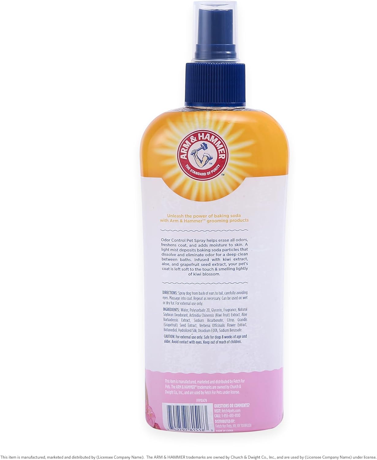 Back view of Arm and Hammer pet spray with ingredient list
