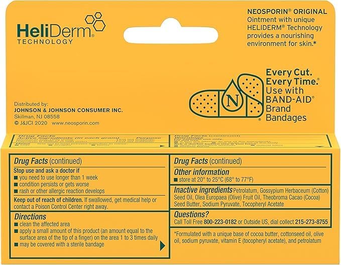 Neosporin triple antibiotic ointment packaging highlighting active ingredients bacitracin zinc and neomycin