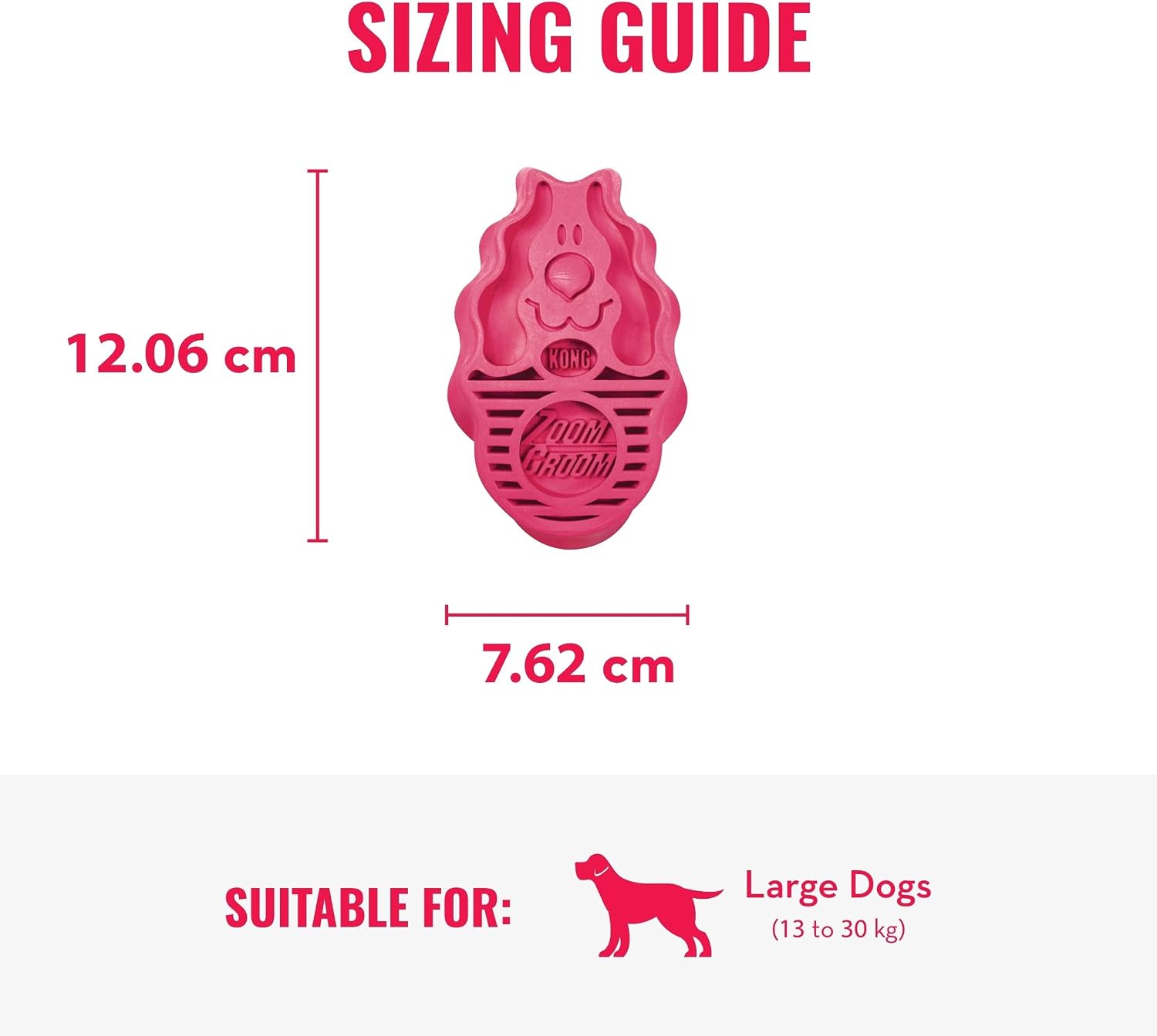 Large red KONG ZoomGroom shampoo brush being used for wet dog bathing.