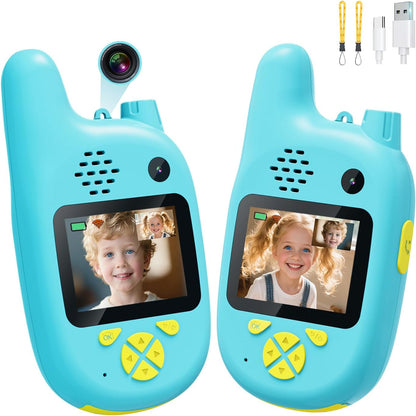 Pussan video walkie talkies for kids front view showing dual cameras and active screen display.