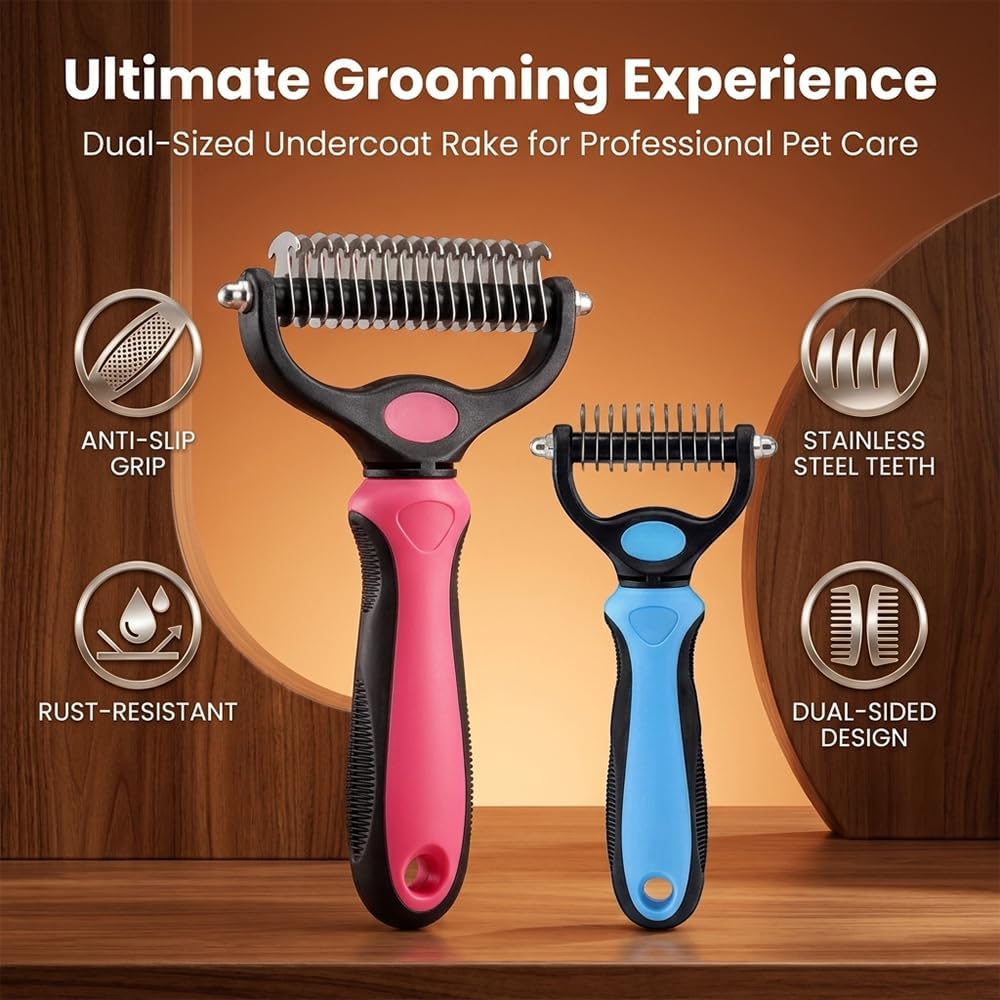Rovia undercoat rake pet brush demonstrating the dual-sided stainless steel teeth